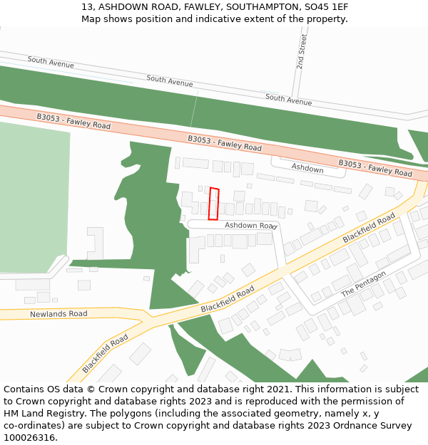 13, ASHDOWN ROAD, FAWLEY, SOUTHAMPTON, SO45 1EF: Location map and indicative extent of plot