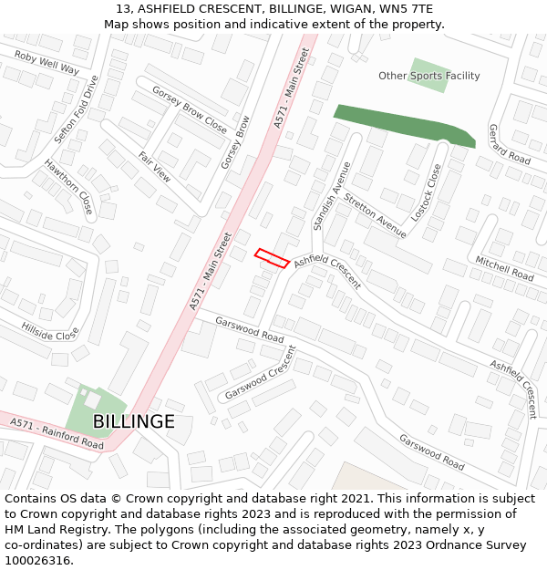 13, ASHFIELD CRESCENT, BILLINGE, WIGAN, WN5 7TE: Location map and indicative extent of plot