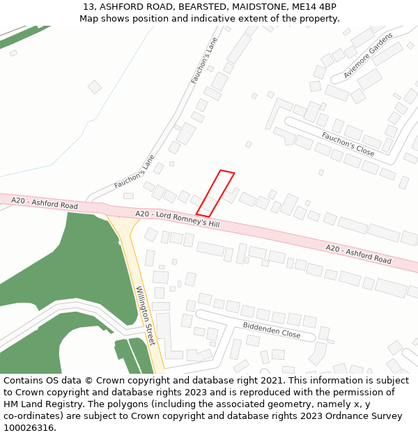 13, ASHFORD ROAD, BEARSTED, MAIDSTONE, ME14 4BP: Location map and indicative extent of plot