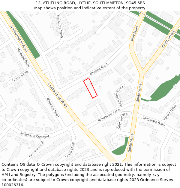 13, ATHELING ROAD, HYTHE, SOUTHAMPTON, SO45 6BS: Location map and indicative extent of plot