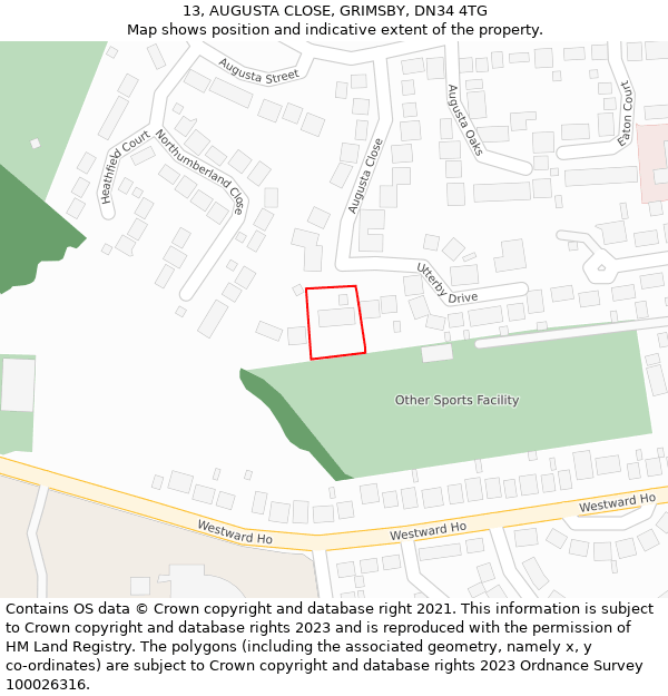 13, AUGUSTA CLOSE, GRIMSBY, DN34 4TG: Location map and indicative extent of plot