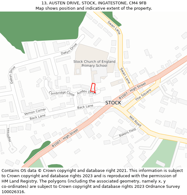 13, AUSTEN DRIVE, STOCK, INGATESTONE, CM4 9FB: Location map and indicative extent of plot