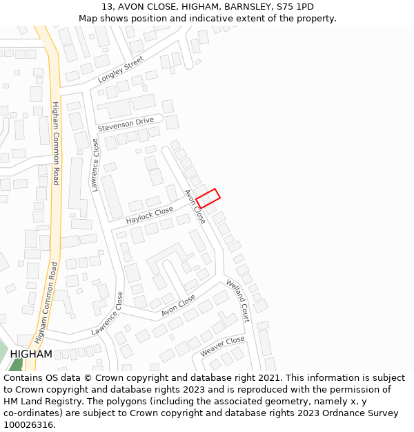 13, AVON CLOSE, HIGHAM, BARNSLEY, S75 1PD: Location map and indicative extent of plot