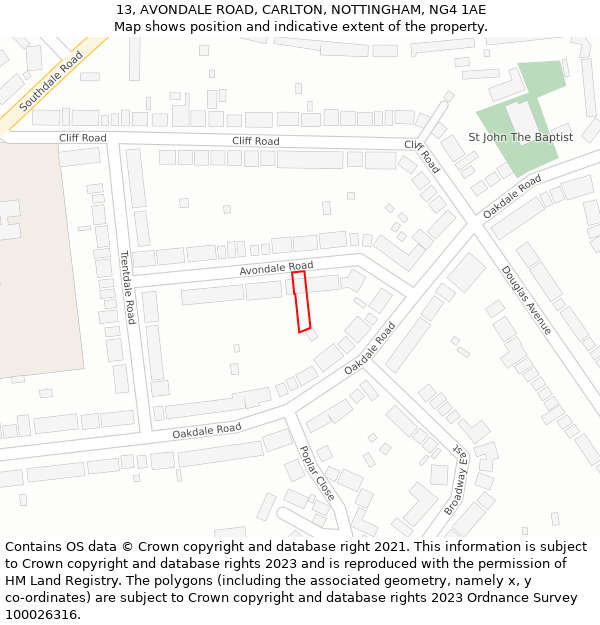 13, AVONDALE ROAD, CARLTON, NOTTINGHAM, NG4 1AE: Location map and indicative extent of plot