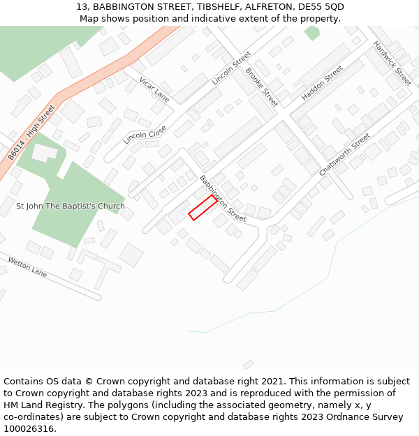 13, BABBINGTON STREET, TIBSHELF, ALFRETON, DE55 5QD: Location map and indicative extent of plot