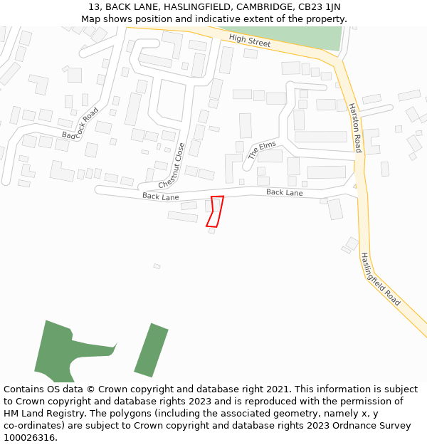 13, BACK LANE, HASLINGFIELD, CAMBRIDGE, CB23 1JN: Location map and indicative extent of plot