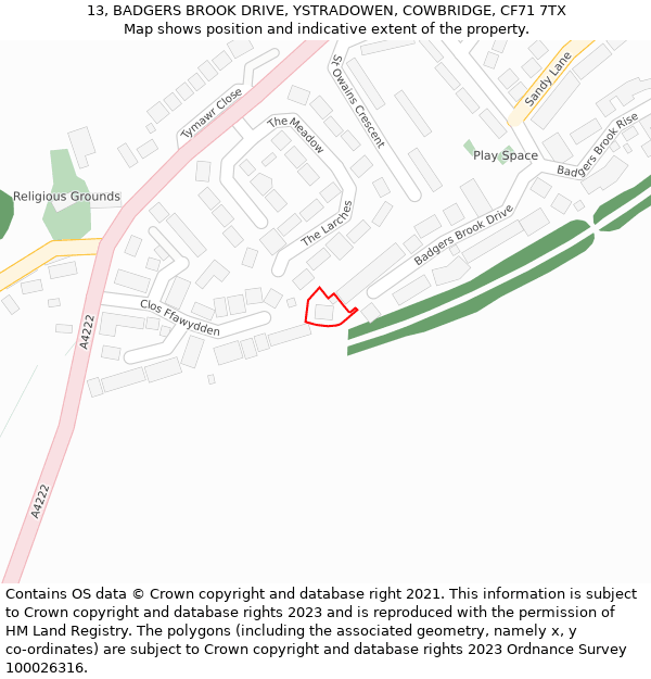 13, BADGERS BROOK DRIVE, YSTRADOWEN, COWBRIDGE, CF71 7TX: Location map and indicative extent of plot