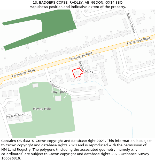 13, BADGERS COPSE, RADLEY, ABINGDON, OX14 3BQ: Location map and indicative extent of plot