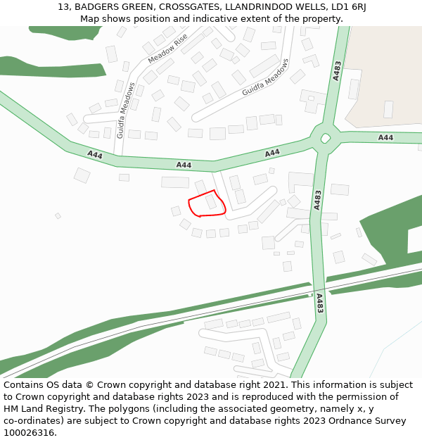 13, BADGERS GREEN, CROSSGATES, LLANDRINDOD WELLS, LD1 6RJ: Location map and indicative extent of plot