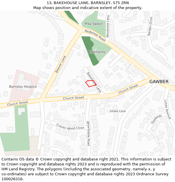 13, BAKEHOUSE LANE, BARNSLEY, S75 2RN: Location map and indicative extent of plot
