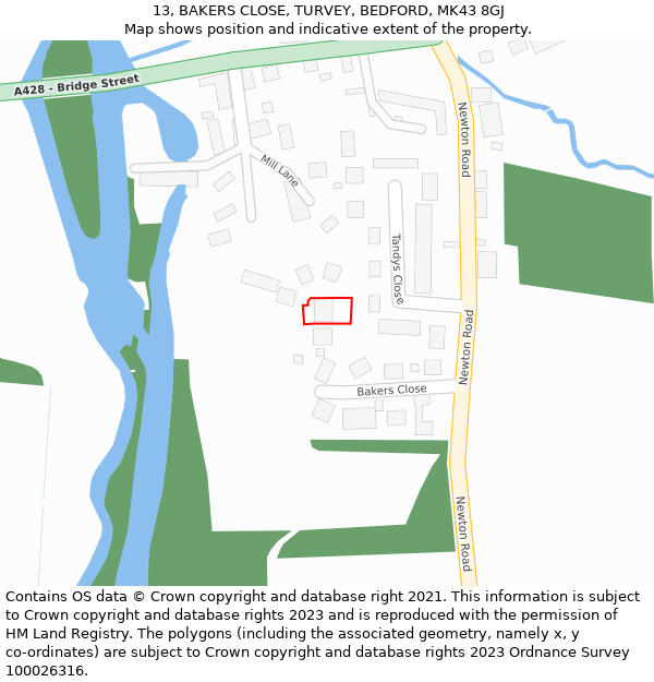 13, BAKERS CLOSE, TURVEY, BEDFORD, MK43 8GJ: Location map and indicative extent of plot