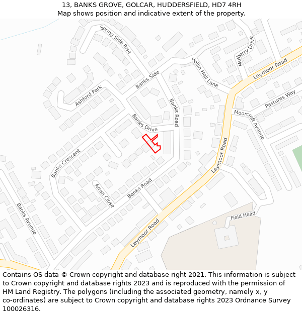 13, BANKS GROVE, GOLCAR, HUDDERSFIELD, HD7 4RH: Location map and indicative extent of plot