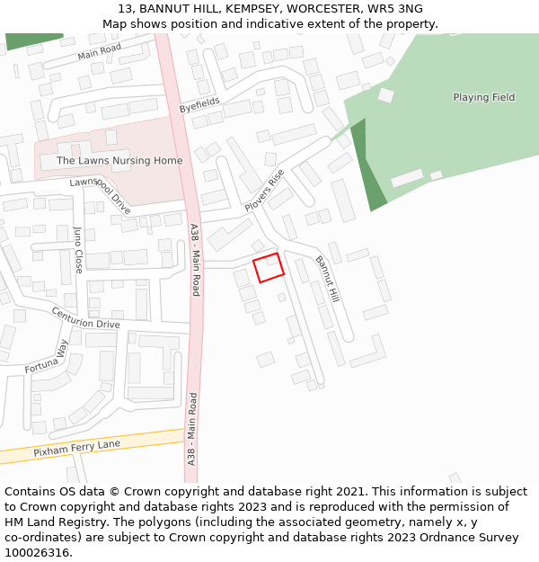 13, BANNUT HILL, KEMPSEY, WORCESTER, WR5 3NG: Location map and indicative extent of plot