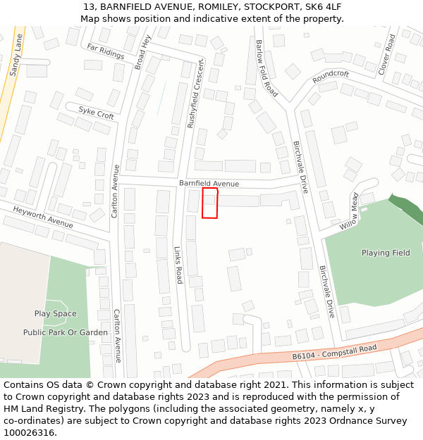 13, BARNFIELD AVENUE, ROMILEY, STOCKPORT, SK6 4LF: Location map and indicative extent of plot