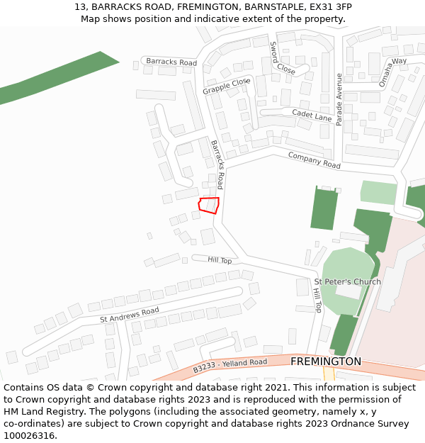 13, BARRACKS ROAD, FREMINGTON, BARNSTAPLE, EX31 3FP: Location map and indicative extent of plot