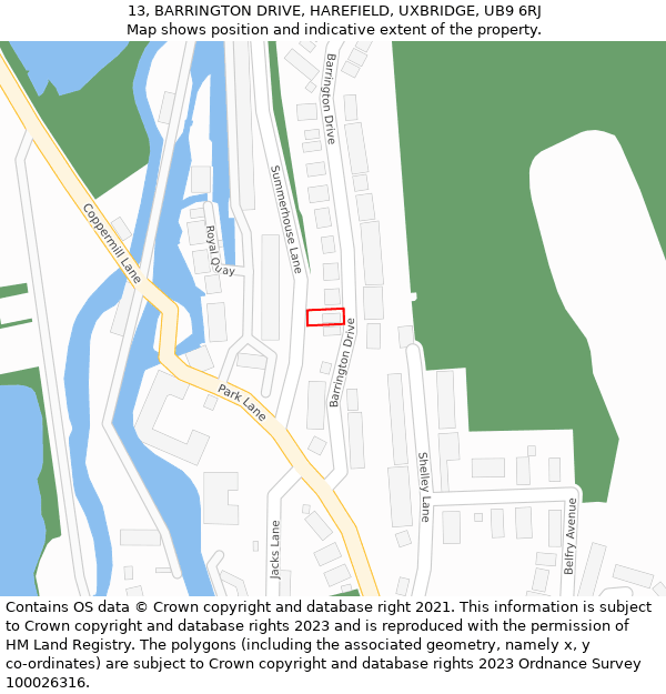 13, BARRINGTON DRIVE, HAREFIELD, UXBRIDGE, UB9 6RJ: Location map and indicative extent of plot