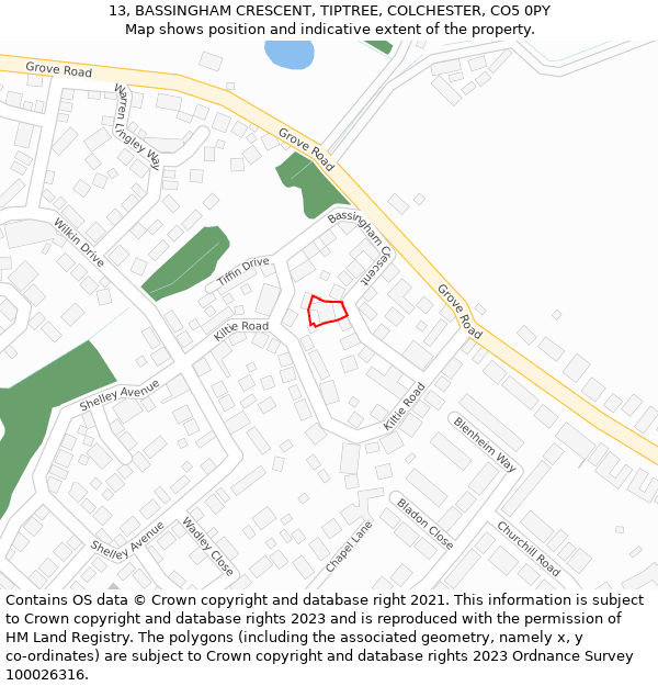 13, BASSINGHAM CRESCENT, TIPTREE, COLCHESTER, CO5 0PY: Location map and indicative extent of plot