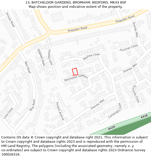 13, BATCHELDOR GARDENS, BROMHAM, BEDFORD, MK43 8SP: Location map and indicative extent of plot