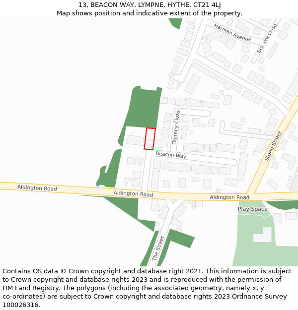 13, BEACON WAY, LYMPNE, HYTHE, CT21 4LJ: Location map and indicative extent of plot