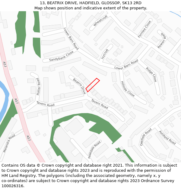 13, BEATRIX DRIVE, HADFIELD, GLOSSOP, SK13 2RD: Location map and indicative extent of plot