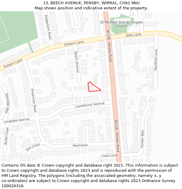 13, BEECH AVENUE, PENSBY, WIRRAL, CH61 9NU: Location map and indicative extent of plot