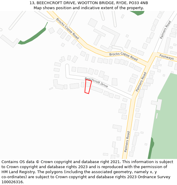 13, BEECHCROFT DRIVE, WOOTTON BRIDGE, RYDE, PO33 4NB: Location map and indicative extent of plot