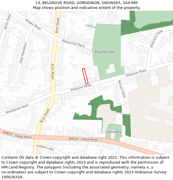 13, BELGRAVE ROAD, GORSEINON, SWANSEA, SA4 6RF: Location map and indicative extent of plot