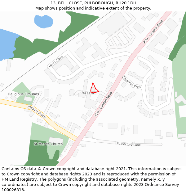 13, BELL CLOSE, PULBOROUGH, RH20 1DH: Location map and indicative extent of plot