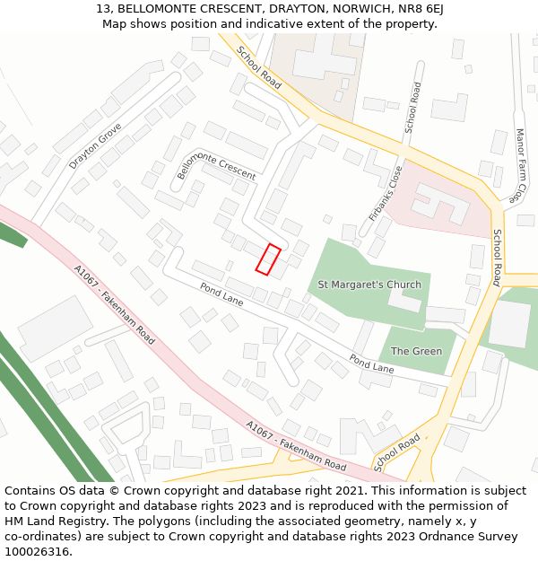 13, BELLOMONTE CRESCENT, DRAYTON, NORWICH, NR8 6EJ: Location map and indicative extent of plot