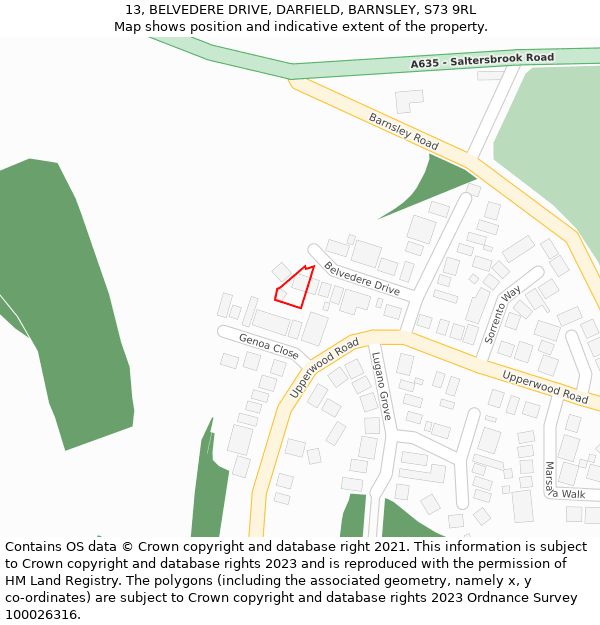 13, BELVEDERE DRIVE, DARFIELD, BARNSLEY, S73 9RL: Location map and indicative extent of plot