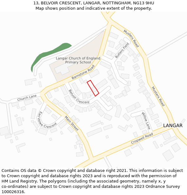 13, BELVOIR CRESCENT, LANGAR, NOTTINGHAM, NG13 9HU: Location map and indicative extent of plot