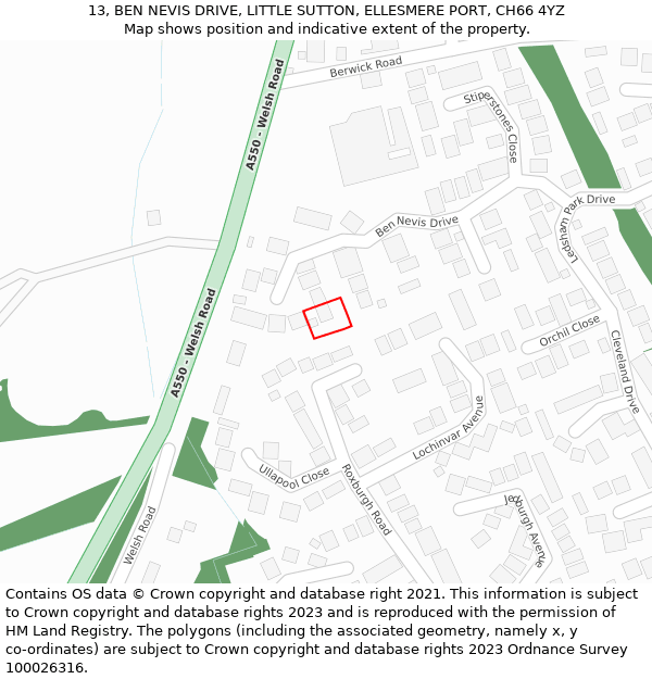 13, BEN NEVIS DRIVE, LITTLE SUTTON, ELLESMERE PORT, CH66 4YZ: Location map and indicative extent of plot