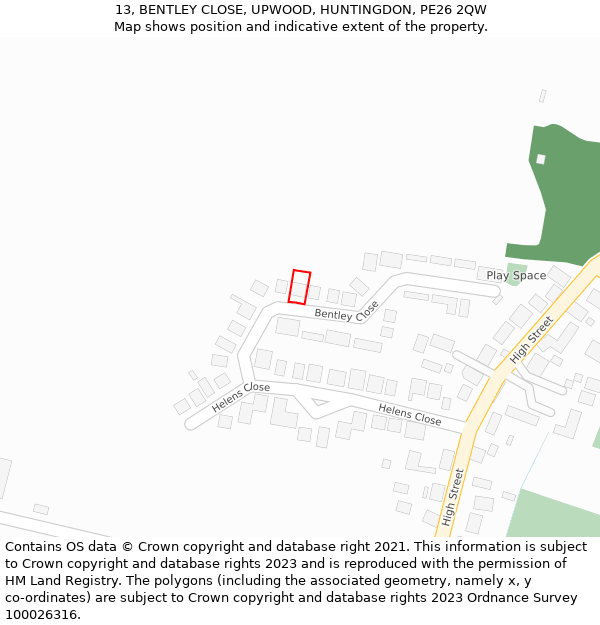 13, BENTLEY CLOSE, UPWOOD, HUNTINGDON, PE26 2QW: Location map and indicative extent of plot