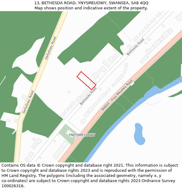 13, BETHESDA ROAD, YNYSMEUDWY, SWANSEA, SA8 4QQ: Location map and indicative extent of plot