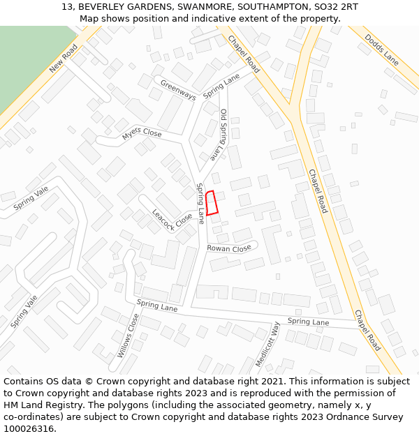 13, BEVERLEY GARDENS, SWANMORE, SOUTHAMPTON, SO32 2RT: Location map and indicative extent of plot