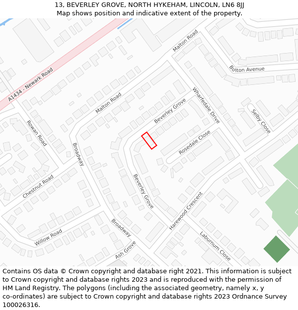 13, BEVERLEY GROVE, NORTH HYKEHAM, LINCOLN, LN6 8JJ: Location map and indicative extent of plot