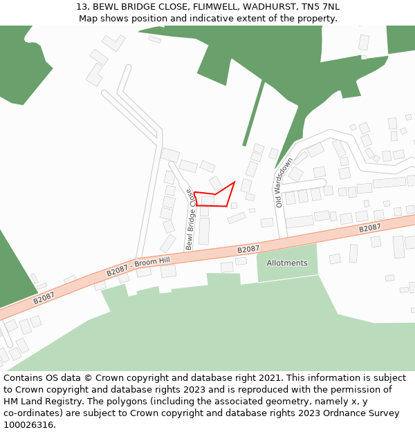 13, BEWL BRIDGE CLOSE, FLIMWELL, WADHURST, TN5 7NL: Location map and indicative extent of plot