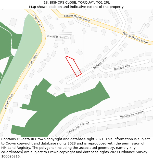 13, BISHOPS CLOSE, TORQUAY, TQ1 2PL: Location map and indicative extent of plot