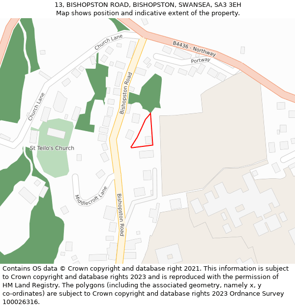 13, BISHOPSTON ROAD, BISHOPSTON, SWANSEA, SA3 3EH: Location map and indicative extent of plot