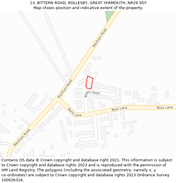 13, BITTERN ROAD, ROLLESBY, GREAT YARMOUTH, NR29 5DY: Location map and indicative extent of plot
