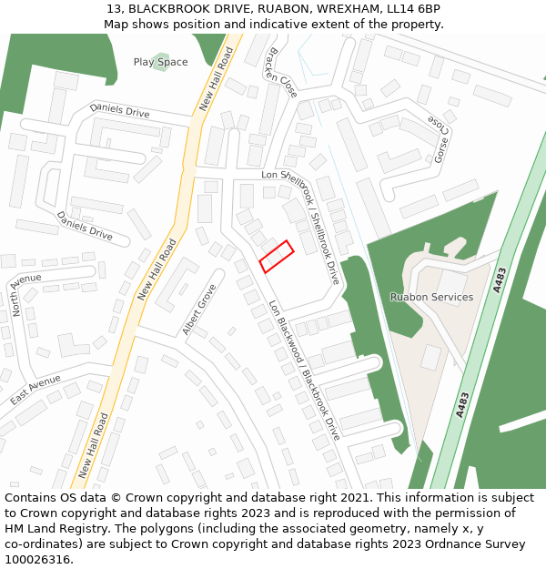 13, BLACKBROOK DRIVE, RUABON, WREXHAM, LL14 6BP: Location map and indicative extent of plot