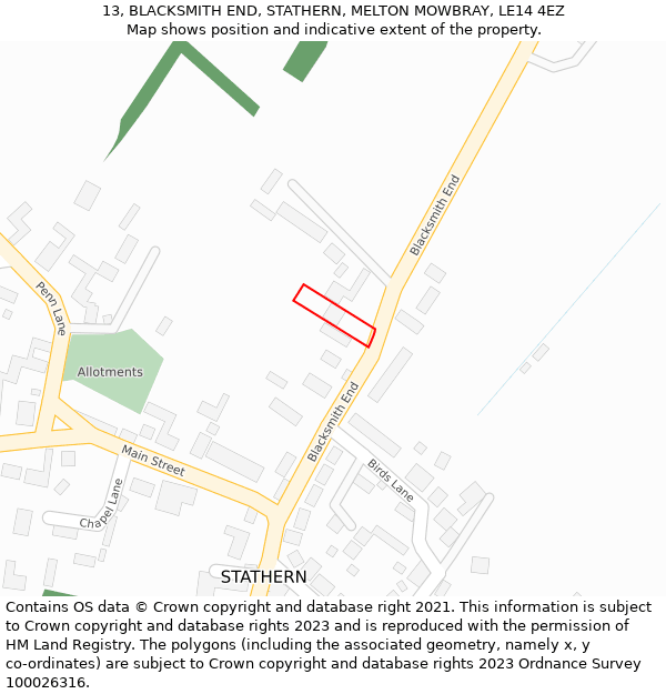 13, BLACKSMITH END, STATHERN, MELTON MOWBRAY, LE14 4EZ: Location map and indicative extent of plot