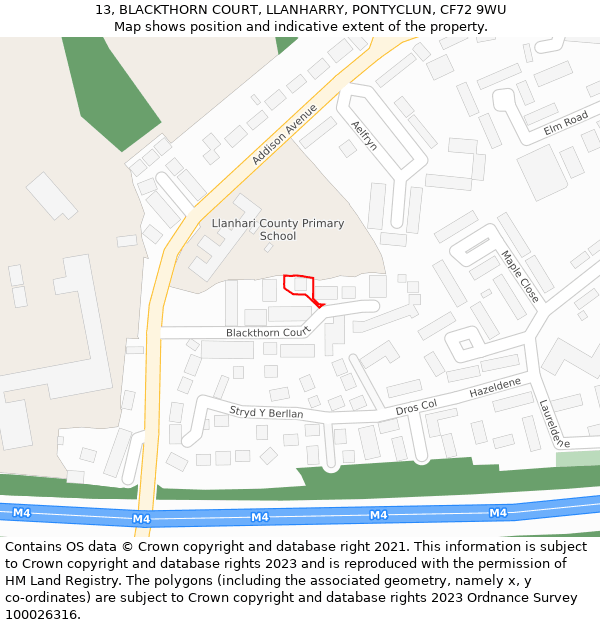 13, BLACKTHORN COURT, LLANHARRY, PONTYCLUN, CF72 9WU: Location map and indicative extent of plot