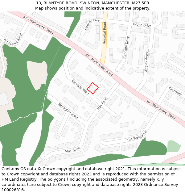 13, BLANTYRE ROAD, SWINTON, MANCHESTER, M27 5ER: Location map and indicative extent of plot