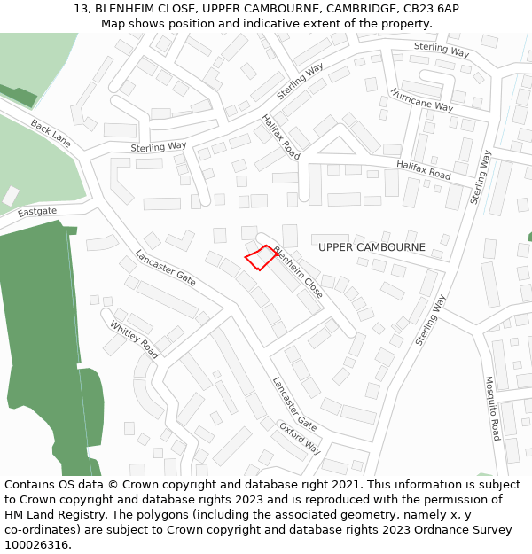 13, BLENHEIM CLOSE, UPPER CAMBOURNE, CAMBRIDGE, CB23 6AP: Location map and indicative extent of plot