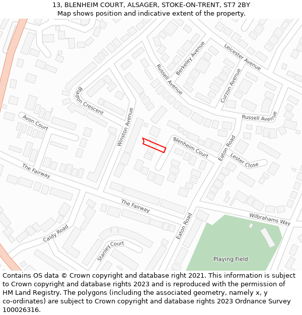 13, BLENHEIM COURT, ALSAGER, STOKE-ON-TRENT, ST7 2BY: Location map and indicative extent of plot