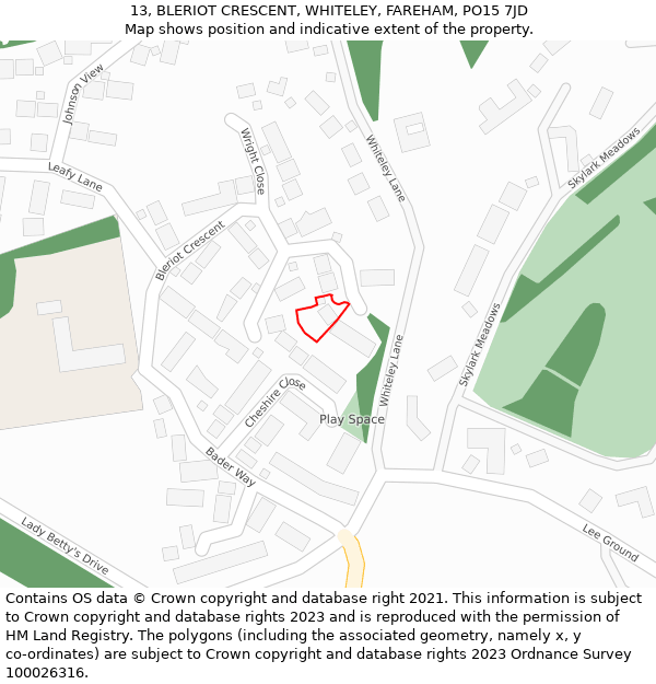 13, BLERIOT CRESCENT, WHITELEY, FAREHAM, PO15 7JD: Location map and indicative extent of plot