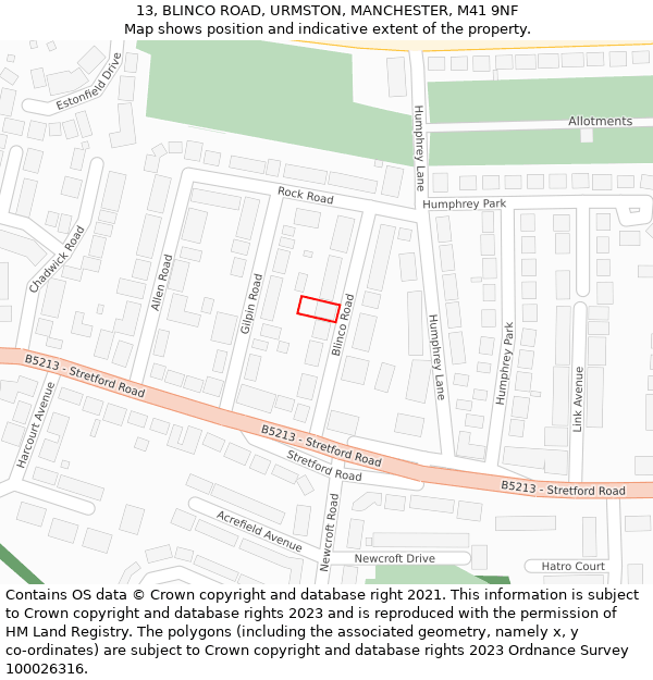 13, BLINCO ROAD, URMSTON, MANCHESTER, M41 9NF: Location map and indicative extent of plot