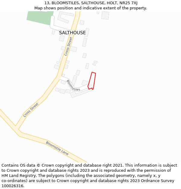 13, BLOOMSTILES, SALTHOUSE, HOLT, NR25 7XJ: Location map and indicative extent of plot