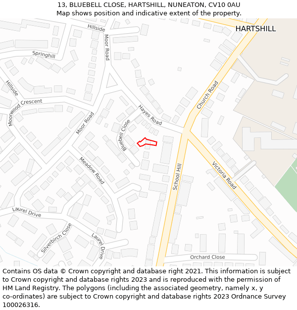 13, BLUEBELL CLOSE, HARTSHILL, NUNEATON, CV10 0AU: Location map and indicative extent of plot